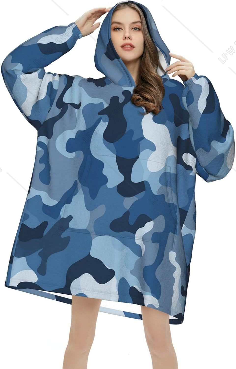 Sherpa Hoodie Fleece - 클래식 블루 카모 웨어러블 블랭킷 후디