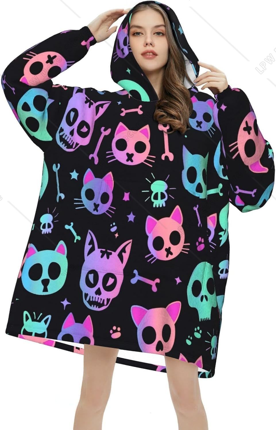 Sherpa Hoodie Fleece - 고양이 두개골 뼈 무늬 웨어러블 블랭킷