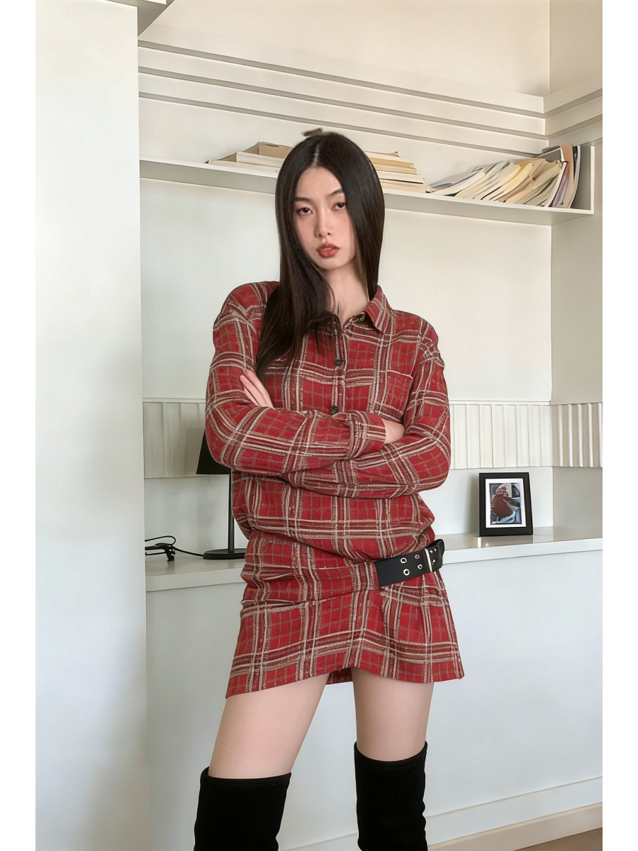 Flannel Shirt Lined - 펑크 플래드 플란넬 셔츠 드레스 벨트