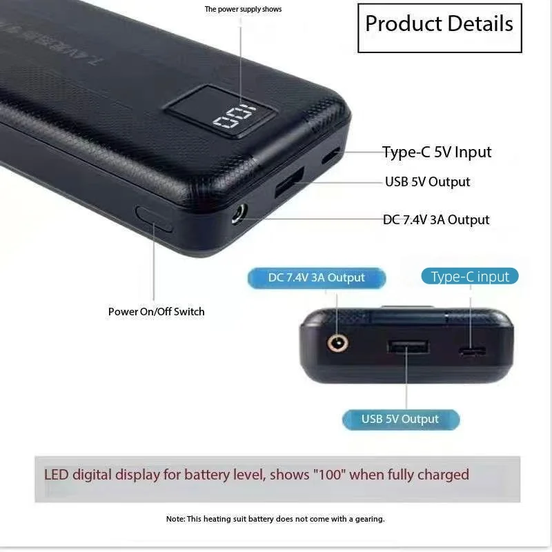 Heated Vest Battery - 신형 대용량 7.4V/3A/16000mAh/20000mAh 파워뱅크 고전류 발열