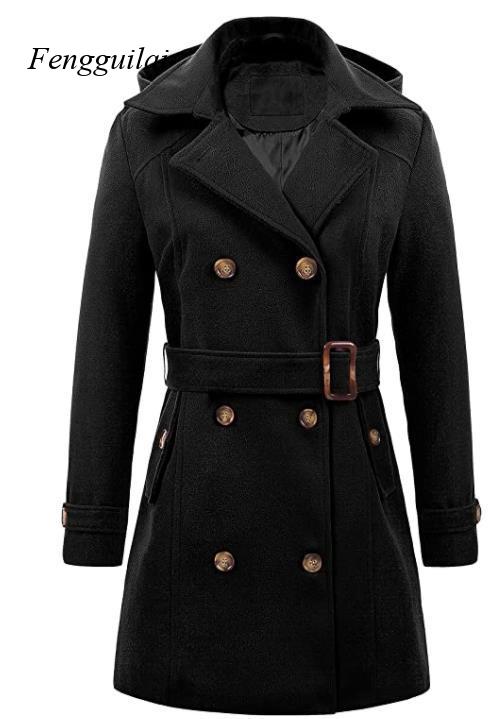 Wool Coat Peacoat - 여성용 블랙 후드 더블 브레스티드 울