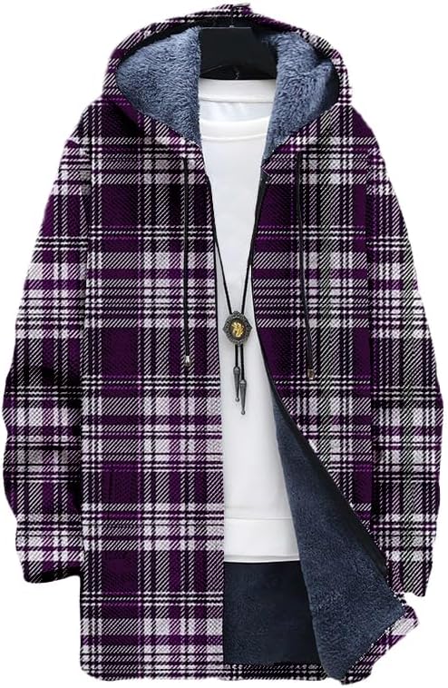 Sherpa Hoodie Fleece - 남성용 체크무늬 가디건 오버사이즈 지퍼 후드