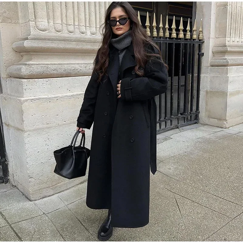 우아한 회색 벨트 롱 인조 모직 코트 여성용 라펠 더블 - Wool Coat Peacoat 리뷰 및 가격