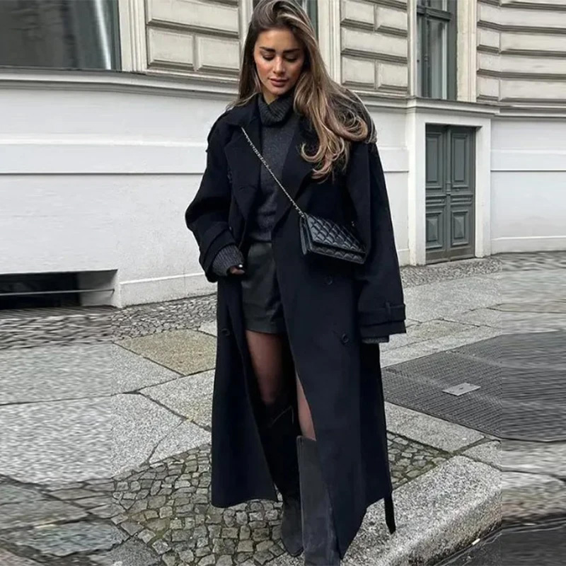 우아한 회색 벨트 롱 인조 모직 코트 여성용 라펠 더블 - Wool Coat Peacoat 리뷰 및 가격