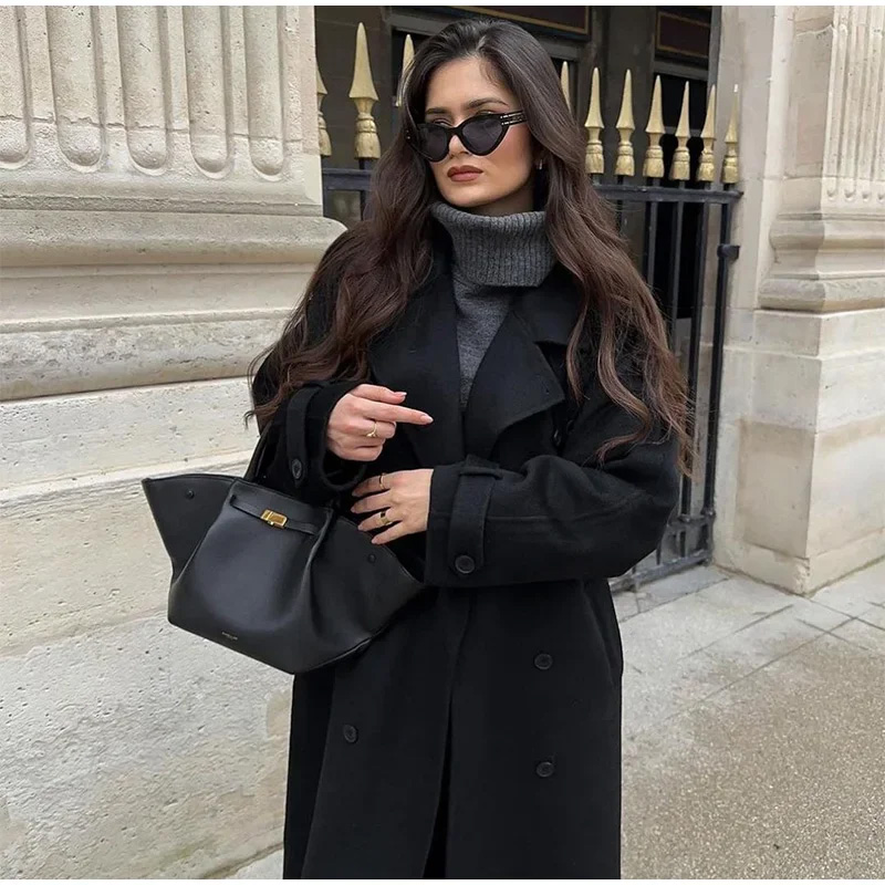 우아한 회색 벨트 롱 인조 모직 코트 여성용 라펠 더블 - Wool Coat Peacoat 리뷰 및 가격