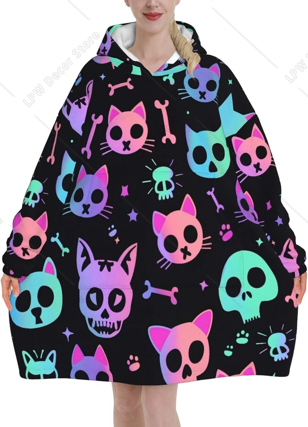 고양이 두개골 뼈 무늬 웨어러블 블랭킷 후디 오버사이즈 - Sherpa Hoodie Fleece 리뷰 및 가격