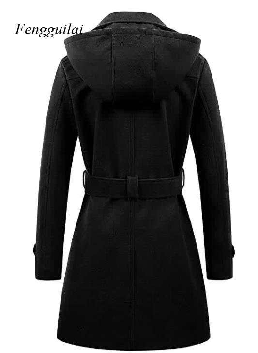 여성용 블랙 후드 더블 브레스티드 울 혼방 피코트 벨트 - Wool Coat Peacoat 리뷰 및 가격