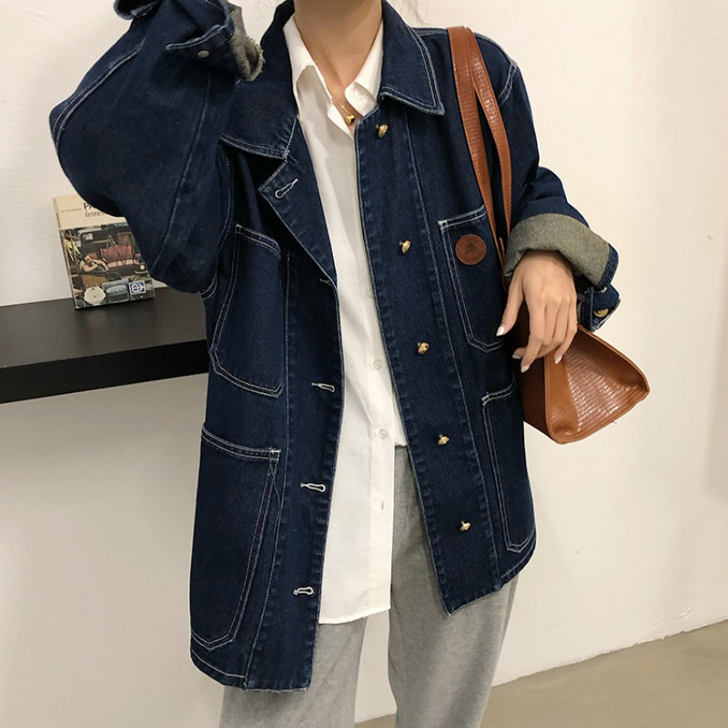 진한 파란색 데님 자켓 여성 봄 가을 옷깃 느슨한 싱글 - Down Jacket Packable 리뷰 및 가격