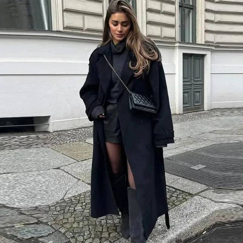 우아한 그레이 벨트 롱 페이크 울 코트 여성용 라펠 더 - Wool Coat Peacoat 리뷰 및 가격
