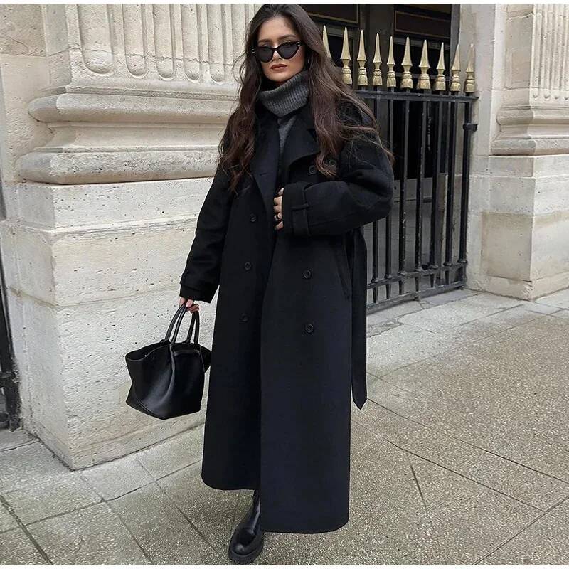 우아한 그레이 벨트 롱 페이크 울 코트 여성용 라펠 더 - Wool Coat Peacoat 리뷰 및 가격